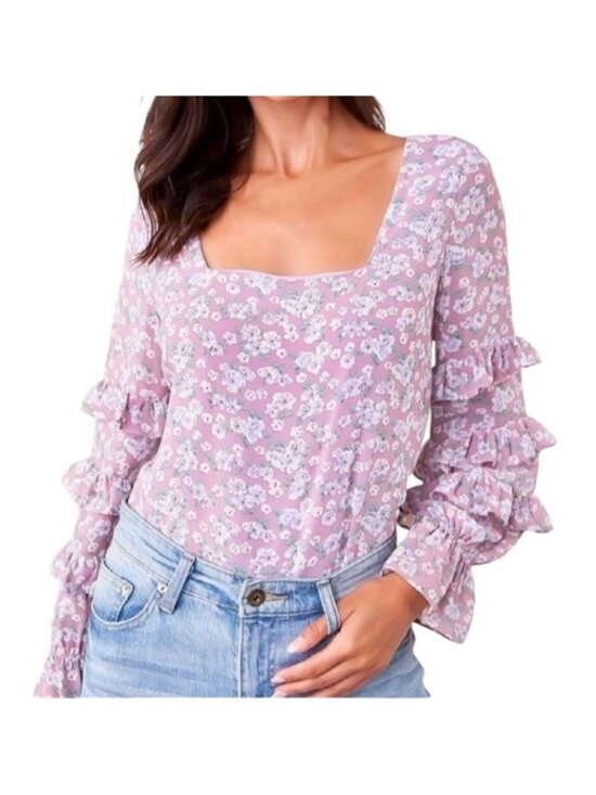 Sugarlips Tops - Sugarlips Purple Floral Ruffle Puff Sleeve Boho Cottage Chic Preppy Blouse Small